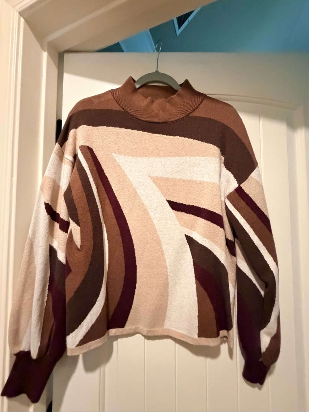 Abstract Wave Cowl Sweater in Brown and Cream